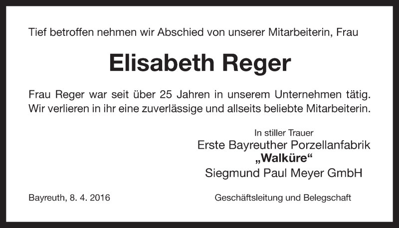  Traueranzeige für Elisabeth Reger vom 12.04.2016 aus Nordbayerischer Kurier
