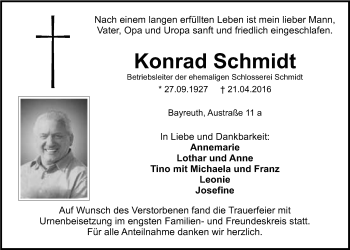 Anzeige von Konrad Schmidt von Nordbayerischer Kurier