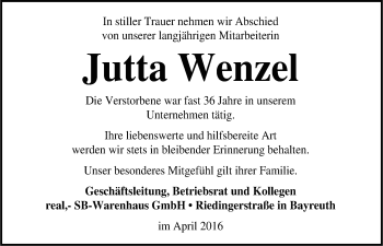 Anzeige von Jutta Wenzel von Nordbayerischer Kurier