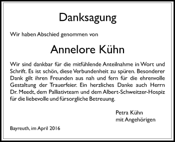 Anzeige von Annelore Kühn von Nordbayerischer Kurier