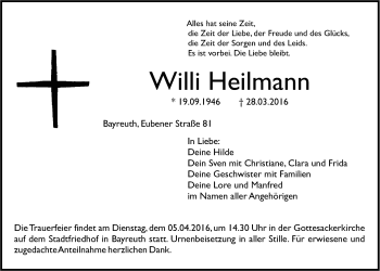 Anzeige von Willi Heilmann von Nordbayerischer Kurier