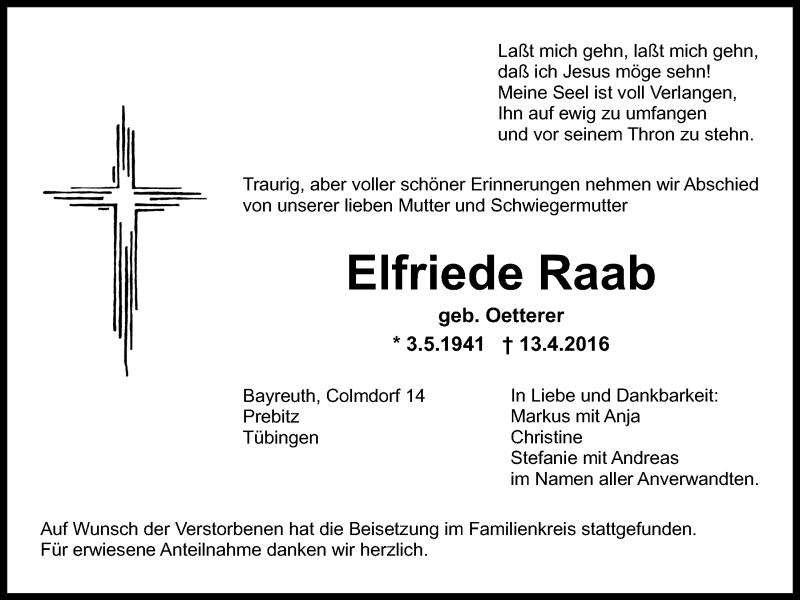  Traueranzeige für Elfriede Raab vom 20.04.2016 aus Nordbayerischer Kurier