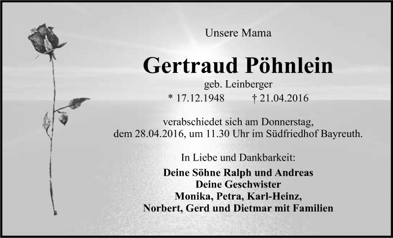  Traueranzeige für Gertraud Pöhnlein vom 23.04.2016 aus Nordbayerischer Kurier