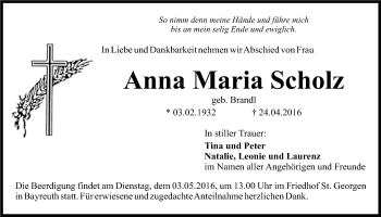 Anzeige von Anna Maria Scholz von Nordbayerischer Kurier