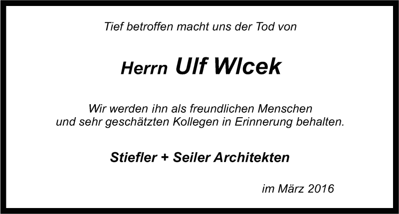  Traueranzeige für Ulf Wlcek vom 02.04.2016 aus Nordbayerischer Kurier