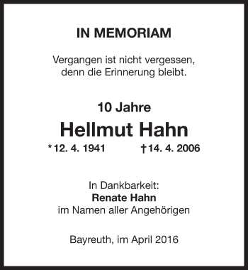 Anzeige von Hellmut Hahn von Nordbayerischer Kurier
