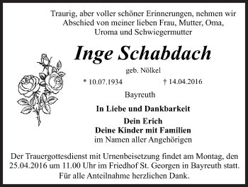 Anzeige von Inge Schabdach von Nordbayerischer Kurier