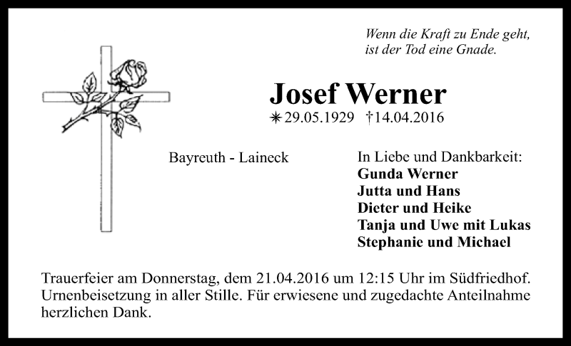 Traueranzeige für Josef Werner vom 18.04.2016 aus Nordbayerischer Kurier