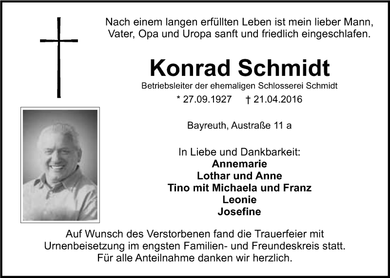  Traueranzeige für Konrad Schmidt vom 30.04.2016 aus Nordbayerischer Kurier