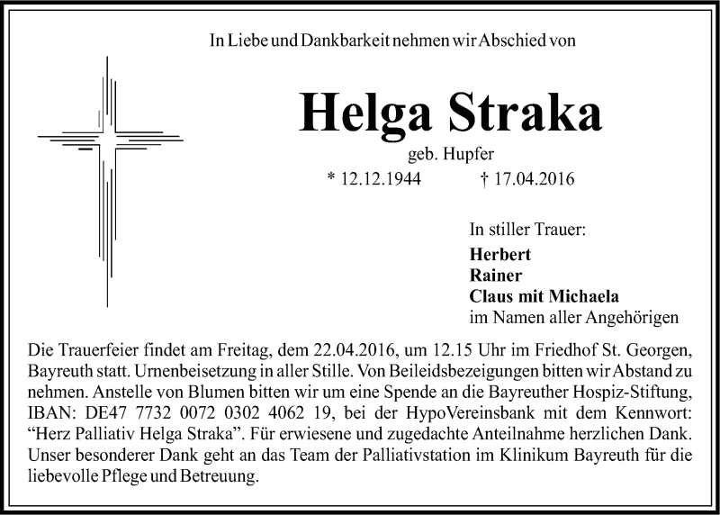  Traueranzeige für Helga Straka vom 20.04.2016 aus Nordbayerischer Kurier