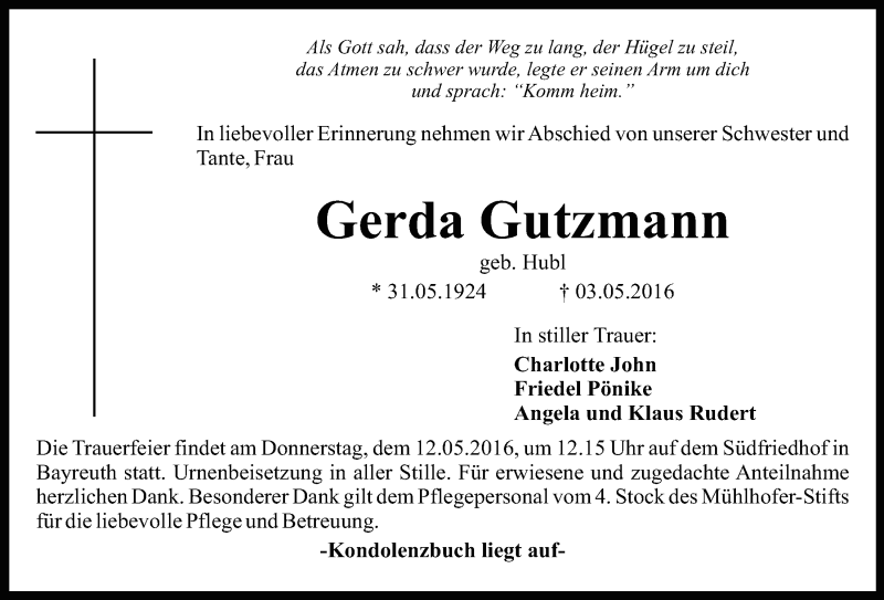  Traueranzeige für Gerda Gutzmann vom 10.05.2016 aus Nordbayerischer Kurier