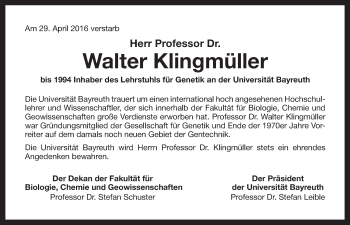 Anzeige von Walter Klingmüller von Nordbayerischer Kurier