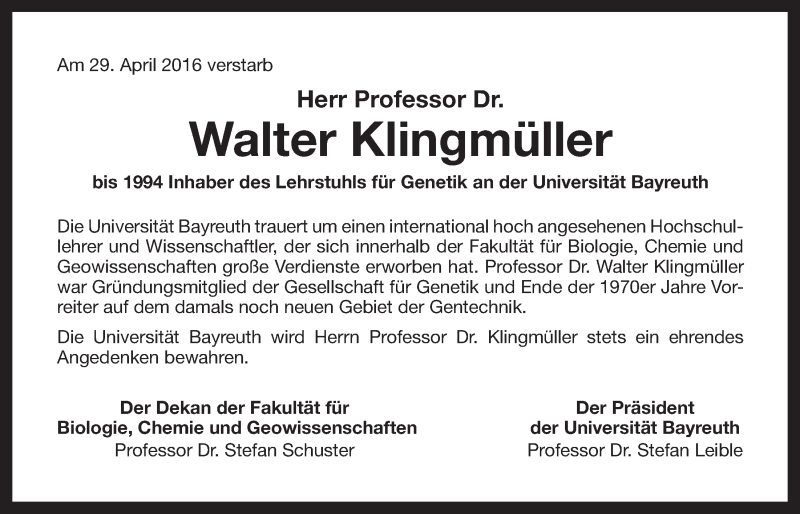 Traueranzeige für Walter Klingmüller vom 12.05.2016 aus Nordbayerischer Kurier