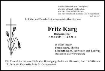 Anzeige von Fritz Karg von Nordbayerischer Kurier