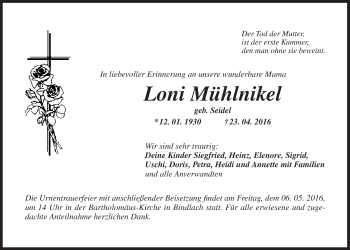 Anzeige von Loni Mühlnikel von Nordbayerischer Kurier