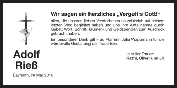 Anzeige von Adolf Rieß von Nordbayerischer Kurier