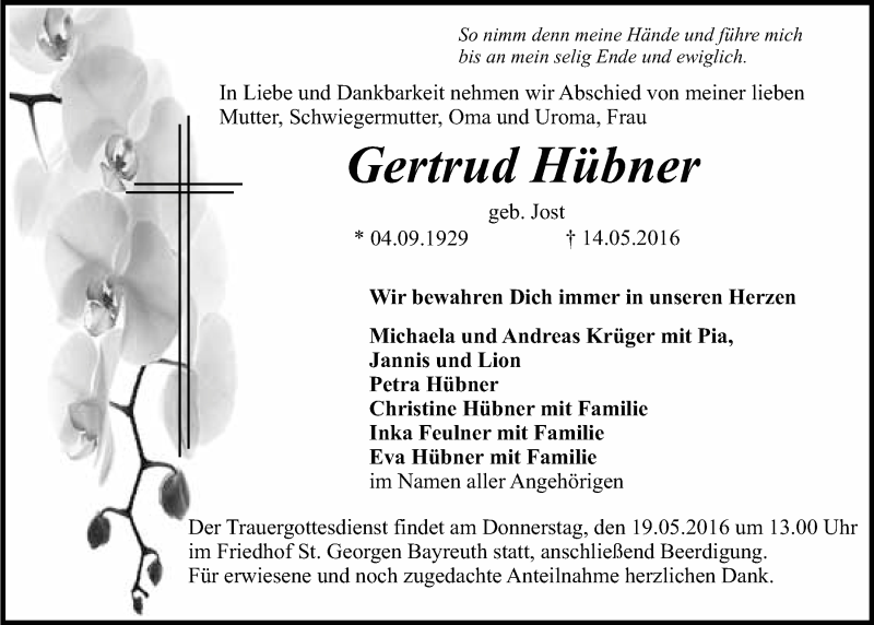  Traueranzeige für Gertrud Hübner vom 18.05.2016 aus Nordbayerischer Kurier