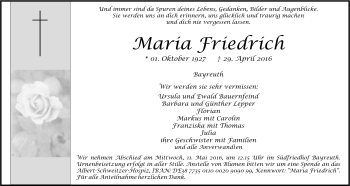 Anzeige von Maria Friedrich von Nordbayerischer Kurier