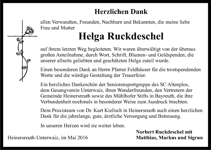 Traueranzeigen Von Helga Ruckdeschel | Nordbayerischer Kurier