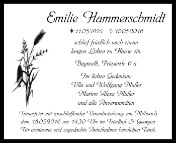 Anzeige von Emilie Hammerschmid von Nordbayerischer Kurier