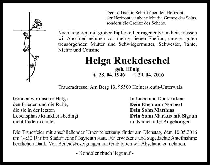  Traueranzeige für Helga Ruckdeschel vom 07.05.2016 aus Nordbayerischer Kurier