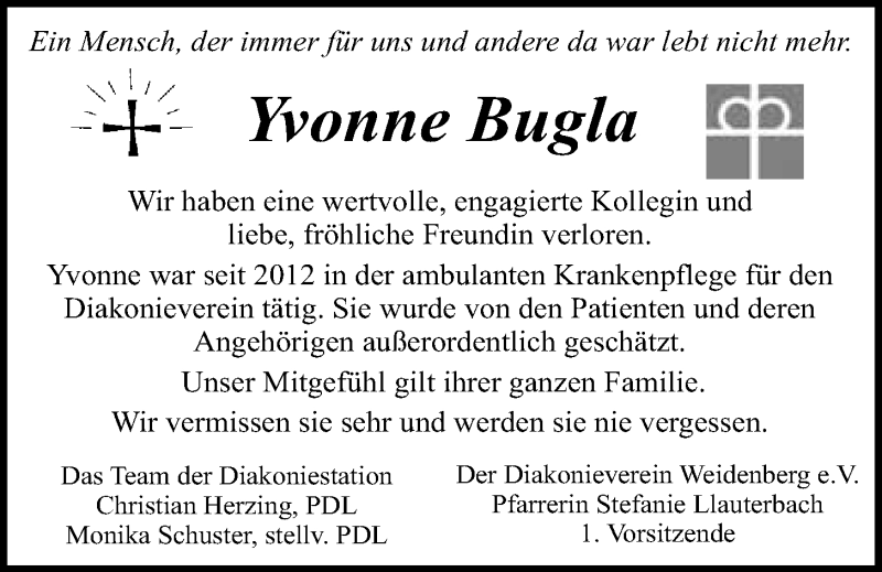  Traueranzeige für Yvonne Bugla vom 31.05.2016 aus Nordbayerischer Kurier