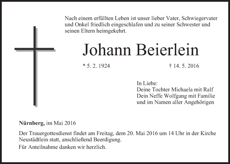  Traueranzeige für Johann Beierlein vom 18.05.2016 aus Nordbayerischer Kurier