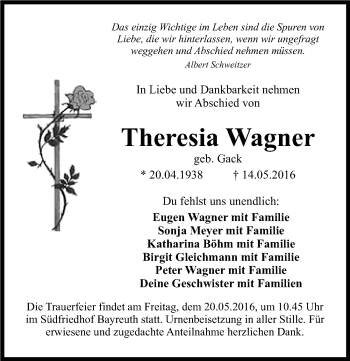 Anzeige von Theresia Wagner von Nordbayerischer Kurier
