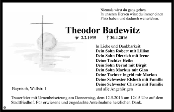 Anzeige von Theodor Badewitz von Nordbayerischer Kurier