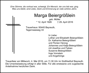 Anzeige von Marga Beiergrößlein von Nordbayerischer Kurier