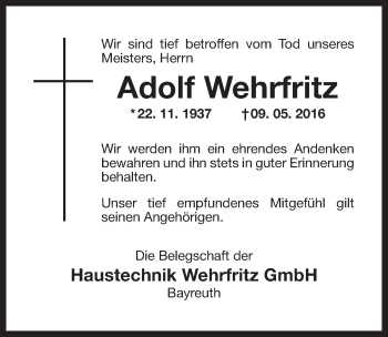 Anzeige von Adolf Wehrfritz von Nordbayerischer Kurier