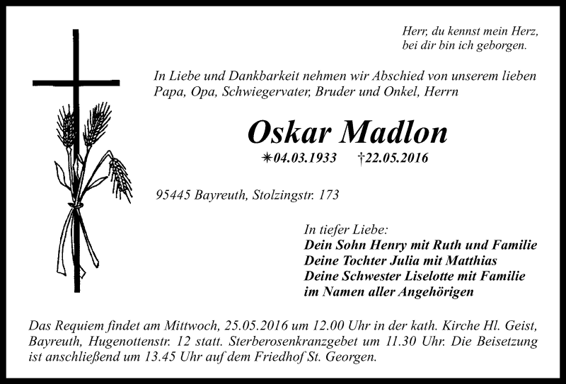  Traueranzeige für Oskar Madlon vom 24.05.2016 aus Nordbayerischer Kurier
