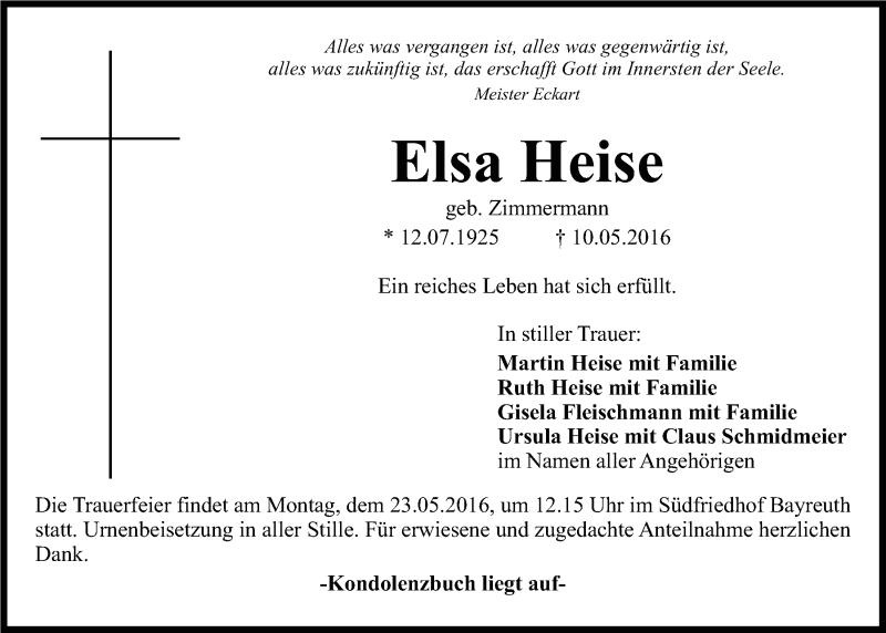  Traueranzeige für Elsa Heise vom 18.05.2016 aus Nordbayerischer Kurier