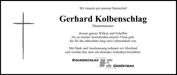 Anzeige von Gerhard Kolbenschlag von Nordbayerischer Kurier