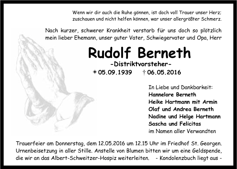  Traueranzeige für Rudolf Berneth vom 10.05.2016 aus Nordbayerischer Kurier