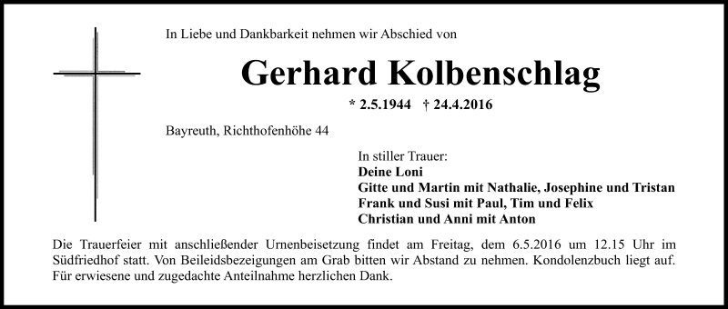  Traueranzeige für Gerhard Kolbenschlag vom 03.05.2016 aus Nordbayerischer Kurier