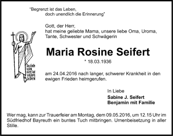 Anzeige von Maria Rosine Seifert von Nordbayerischer Kurier