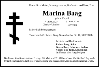 Anzeige von Marina Baag von Nordbayerischer Kurier