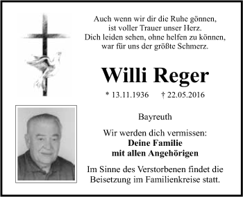 Anzeige von Willi Reger von Nordbayerischer Kurier