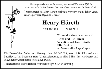 Anzeige von Henry Höreth von Nordbayerischer Kurier