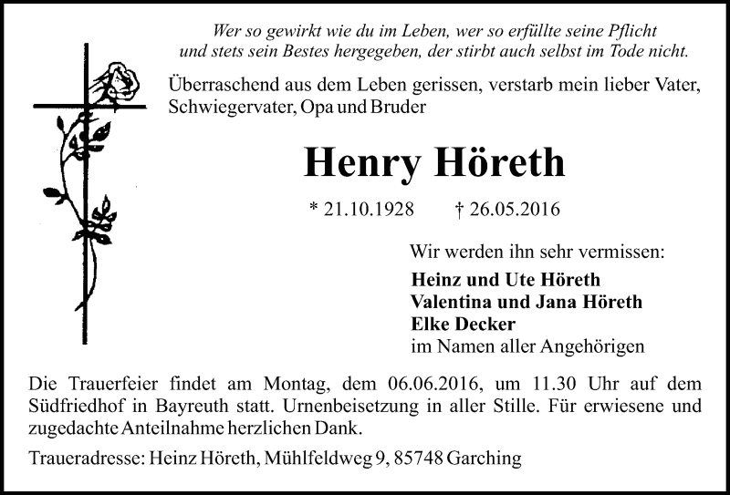  Traueranzeige für Henry Höreth vom 31.05.2016 aus Nordbayerischer Kurier