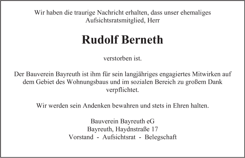  Traueranzeige für Rudolf Berneth vom 12.05.2016 aus Nordbayerischer Kurier