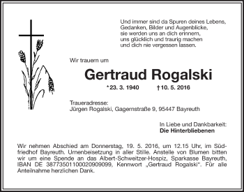 Anzeige von Gertraud Rogalski von Nordbayerischer Kurier