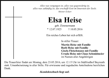 Anzeige von Elsa Heise von Nordbayerischer Kurier