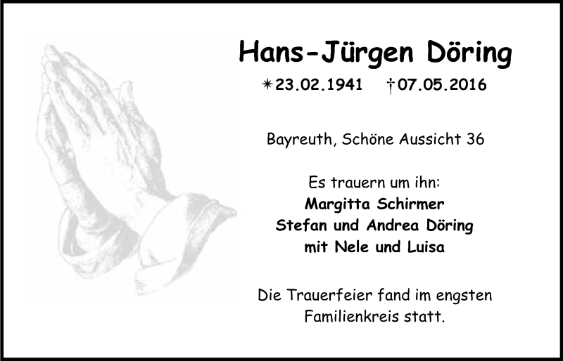  Traueranzeige für Hans-Jürgen Döring vom 12.05.2016 aus Nordbayerischer Kurier