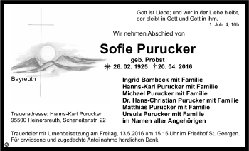 Anzeige von Sofie Purucker von Nordbayerischer Kurier