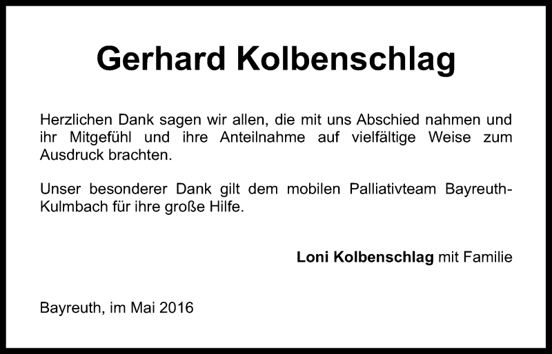  Traueranzeige für Gerhard Kolbenschlag vom 21.05.2016 aus Nordbayerischer Kurier