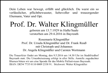 Anzeige von Walter Klingmüller von Nordbayerischer Kurier