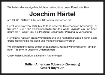 Anzeige von Joachim Härtel von Nordbayerischer Kurier