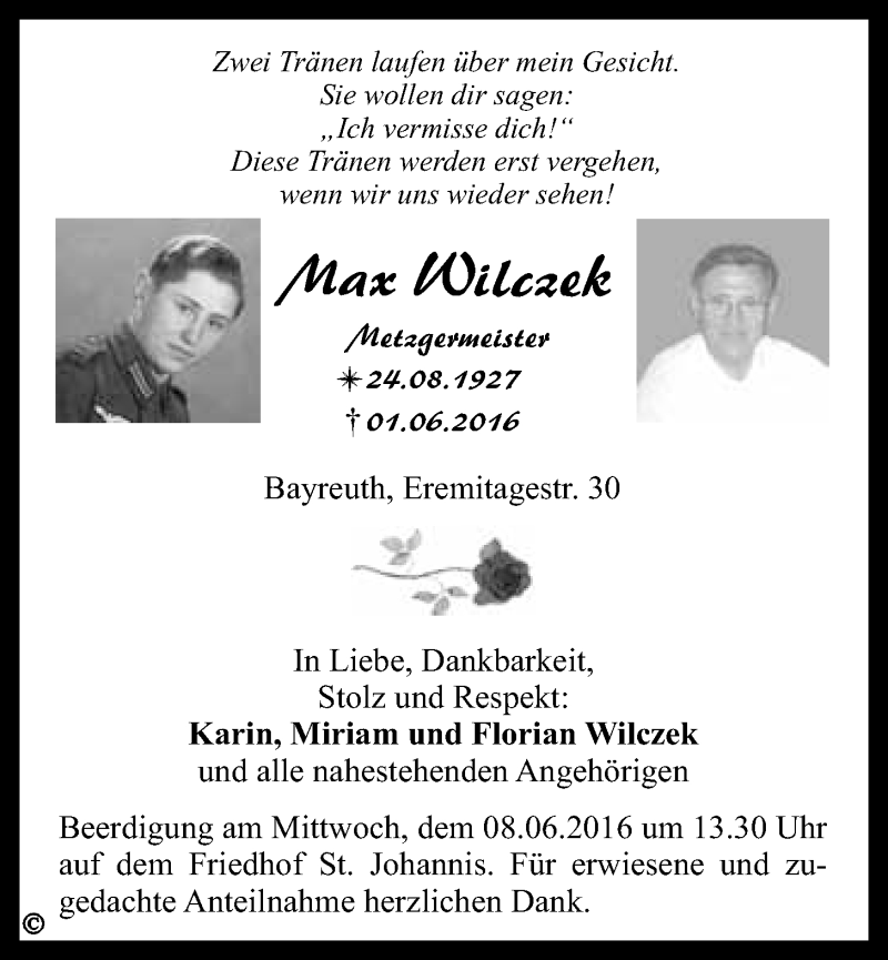  Traueranzeige für Max Wilczek vom 04.06.2016 aus Nordbayerischer Kurier